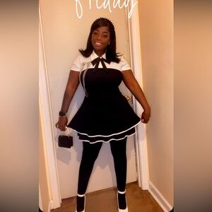 Black & white tube dress white short sleeve collar shirt w/bow tie white shoes